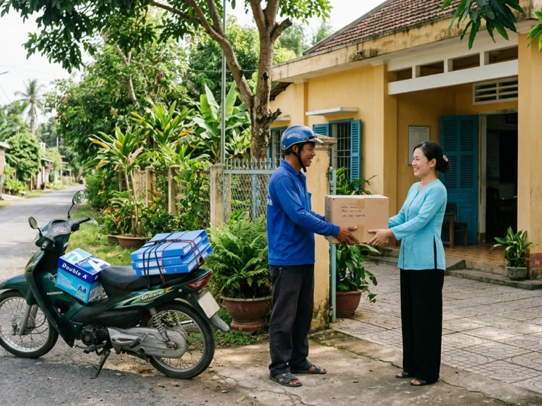 Nhân viên giao hàng đội mũ bảo hiểm trao thùng carton văn phòng phẩm cho nữ nhân viên trước trụ sở tường vàng cửa xanh trên đường Lê Duẩn, xã Thạnh Hóa, cạnh xe máy chở ram giấy A4 và bìa hồ sơ xanh