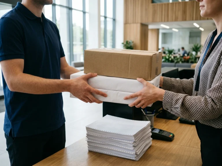Nhân viên giao hàng trao ram giấy A4 và thùng hàng cho nhân viên văn phòng trên đường Lê Văn Việt, phường Tăng Nhơn Phú, Quận 9, cạnh chồng giấy in liên tục