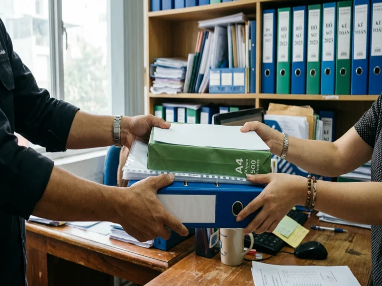 Trao ram giấy A4, bìa kiếng và bìa còng xanh tại văn phòng trên đường Lý Thường Kiệt, phường Dĩ An