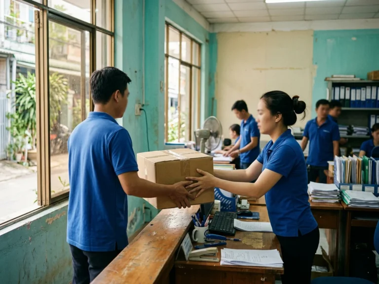 Nhân viên giao hàng trao thùng văn phòng phẩm cho người nhận ở văn phòng trên đường Nam Kỳ Khởi Nghĩa, phường Rạch Giá, Kiên Giang