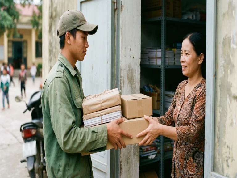 Cô giáo nhận xấp tập học sinh và hộp bút ở cửa phòng thiết bị trường học trên đường Nguyễn Chí Thanh, xã Dương Minh Châu