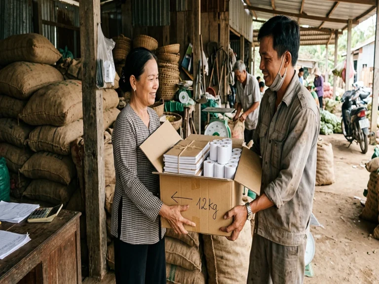Chủ điểm thu mua nhận thùng tập và cuộn giấy in nhiệt giữa các bao nông sản trên đường Nguyễn Thị Định, xã Tân Châu