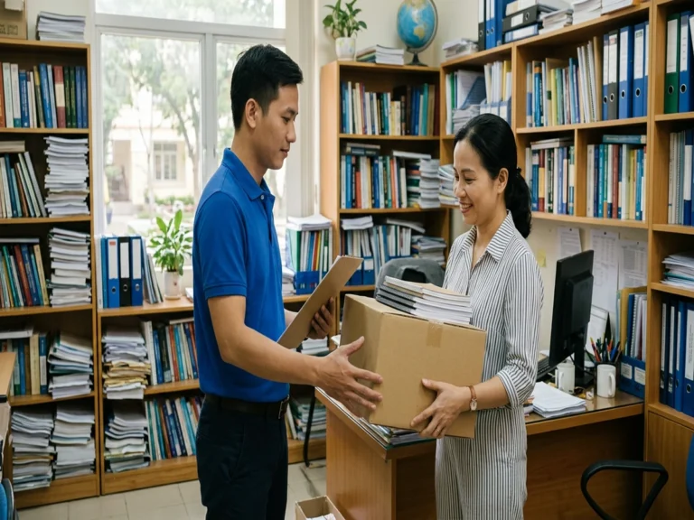 Nhân viên giao hàng trao thùng tập, sổ cho cô nhân viên văn phòng khoa giữa các kệ sách, đường Nguyễn Thiện Thành, phường Hòa Thuận