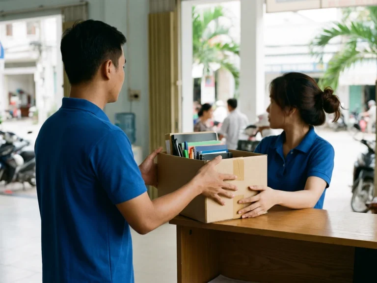 Nhân viên giao hàng trao thùng văn phòng phẩm cho người nhận ở văn phòng trên đường Nguyễn Trãi, phường An Xuyên, Cà Mau