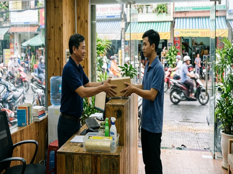 Nhân viên giao hàng áo xanh trao thùng hàng cho người nhận ở quầy văn phòng nhìn ra phố, đường Nguyễn Văn Linh, phường Tân An, Cần Thơ