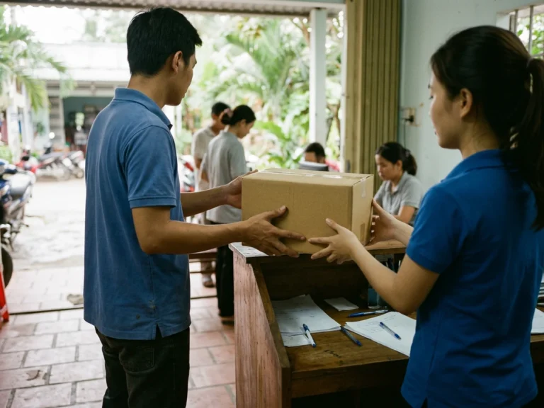 Nhân viên giao hàng trao thùng văn phòng phẩm cho người nhận ở văn phòng trên đường Phạm Hữu Lầu, phường Cao Lãnh, Đồng Tháp