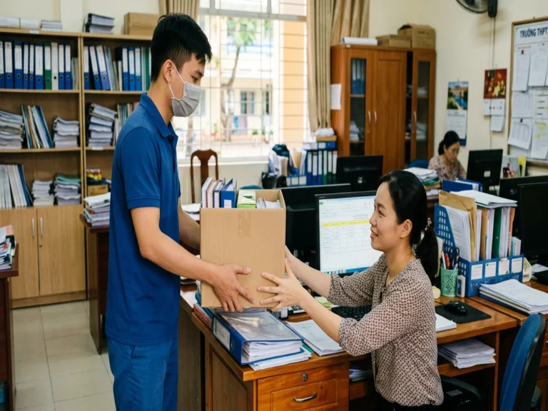 Nhân viên giao hàng đeo khẩu trang trao thùng hàng cho cô văn thư tại bàn làm việc phòng hành chính, đường Phạm Ngọc Thạch, phường Đồng Xoài