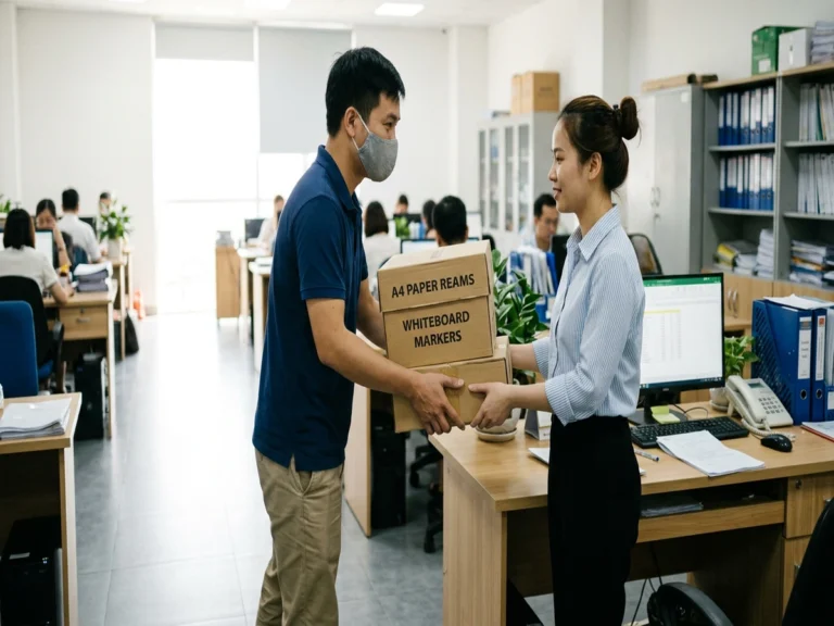 Nhân viên giao thùng giấy in và bút lông bảng cho nhân viên văn phòng trên đường Phạm Ngọc Thạch, phường Phú Lợi, Thủ Dầu Một