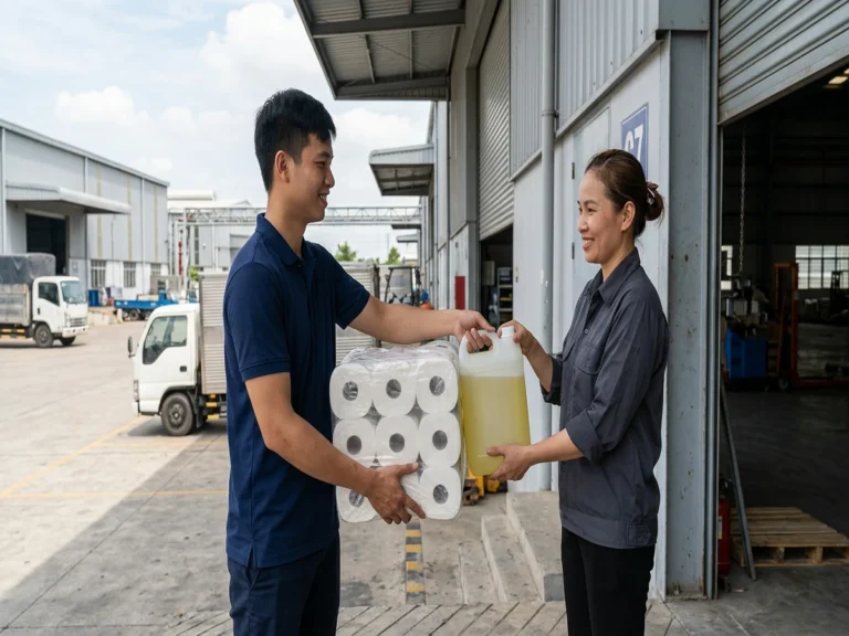 Nhân viên giao lốc giấy vệ sinh cuộn lớn và can nước tẩy cho nhân viên kho tại cửa nhà xưởng, Đường số 1, xã Hiệp Phước, KCN Hiệp Phước