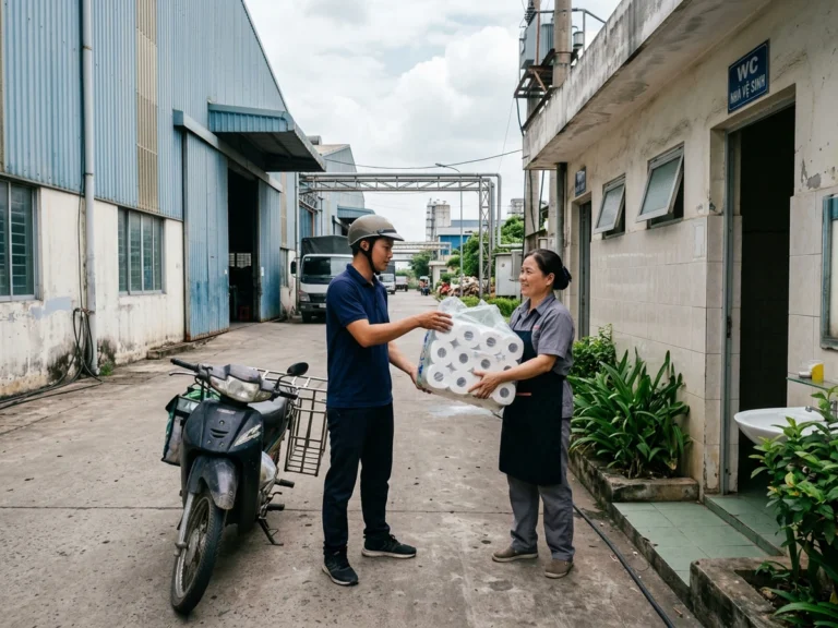 Nhân viên giao hàng trao lốc giấy vệ sinh cuộn lớn cho nhân viên tạp vụ cạnh khu nhà vệ sinh, đường số 1, phường Bình Hòa, KCN Đồng An