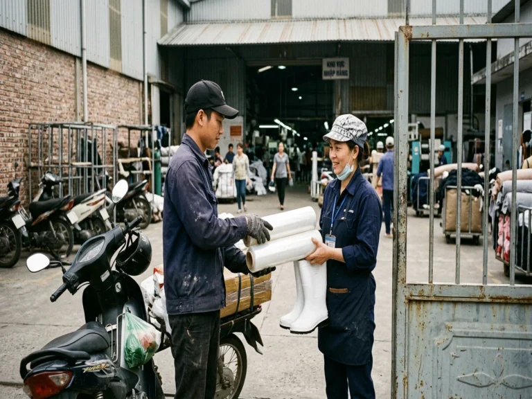 Công nhân nhà máy nhận hai cuộn màng PE và đôi ủng cao su trắng ở cổng kho trên đường số 12, phường An Tịnh