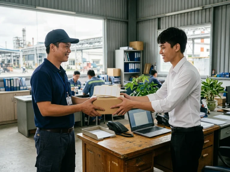 Nhân viên giao hàng trao thùng giấy decal cho nhân viên văn phòng bên bàn làm việc, đường số 2, phường Dĩ An, KCN Tân Đông Hiệp A