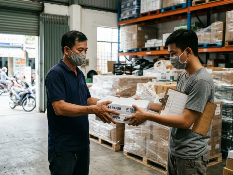 Nhân viên giao hàng trao ram giấy A4 cho nhân viên kho cạnh các pallet quấn màng ở KCN Lê Minh Xuân, xã Bình Lợi