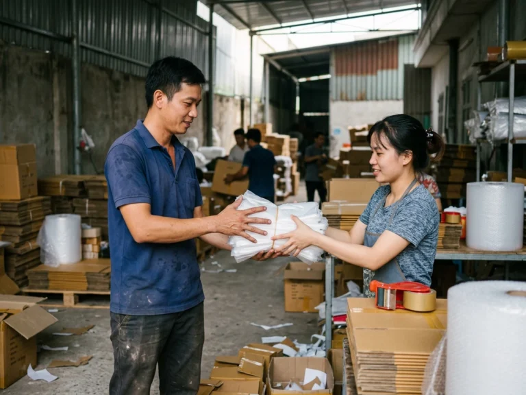Nhân viên giao hàng trao xấp túi hai quai cho công nhân đóng gói ở KCN Vĩnh Lộc, phường Bình Tân