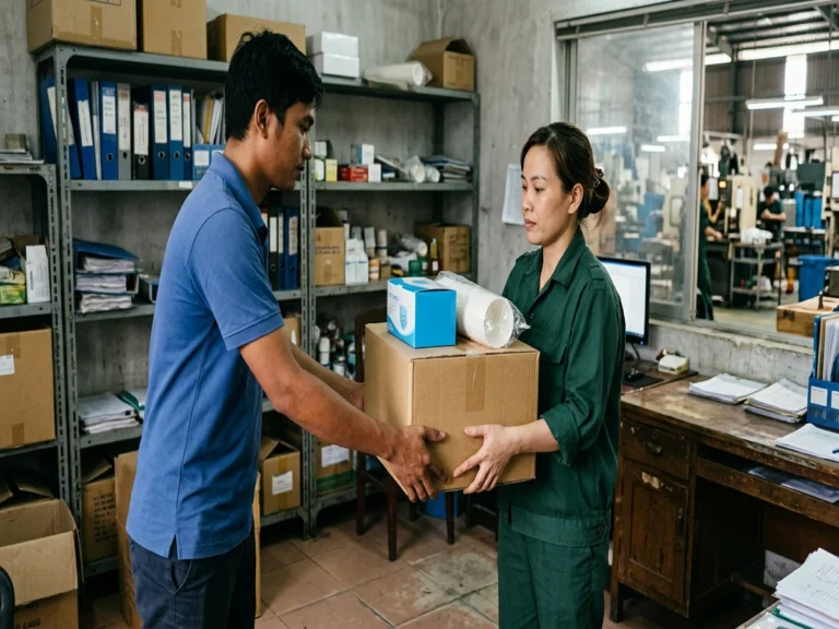 Nhân viên giao hàng áo xanh trao thùng hàng có hộp khẩu trang và chồng ly giấy cho nhân viên xưởng mặc đồng phục xanh, đường tỉnh 768, phường Tân Triều