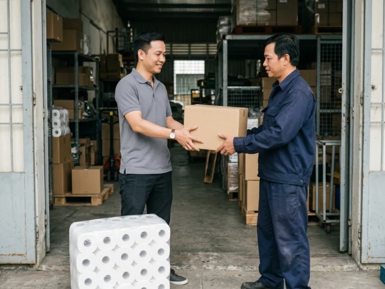 Nhân viên giao hàng trao thùng hàng cho thủ kho nhà xưởng, cạnh kiện giấy vệ sinh, trên đường tỉnh 818, xã Thủ Thừa