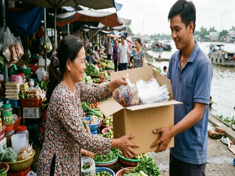 Nhân viên giao hàng trao thùng có dây thun, túi ni lông cho chủ sạp rau ở chợ ven sông, đường Trần Hưng Đạo, phường Vị Thanh