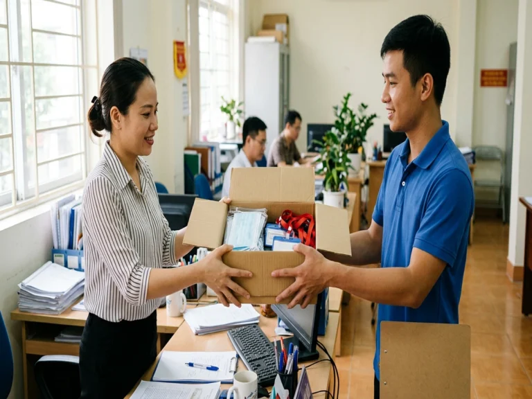 Nhân viên giao hàng trao thùng có khẩu trang, dây đeo thẻ cho nhân viên văn phòng, đường Trần Phú, phường Phước Hậu, Vĩnh Long