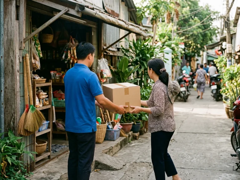 Nhân viên giao hàng trao thùng văn phòng phẩm cho người nhận ở cửa hàng trên đường tránh Quốc lộ 1A, phường Bạc Liêu, Bạc Liêu