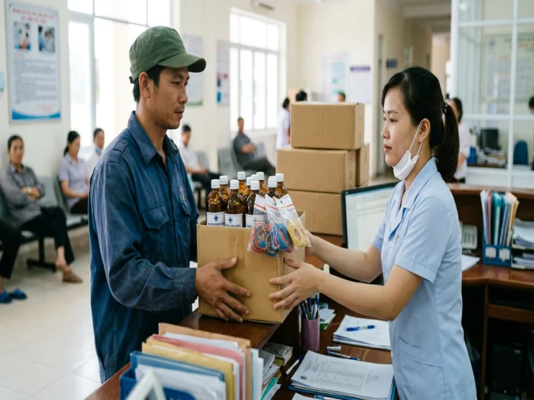 Nhân viên y tế nhận thùng chai cồn và bịch dây thun tại quầy hành chính trên đường Tua Hai Đồng Khởi, xã Châu Thành