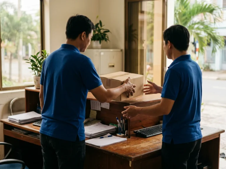 Nhân viên giao hàng trao thùng văn phòng phẩm cho người nhận ở văn phòng trên đường Ung Văn Khiêm, phường Long Xuyên, An Giang