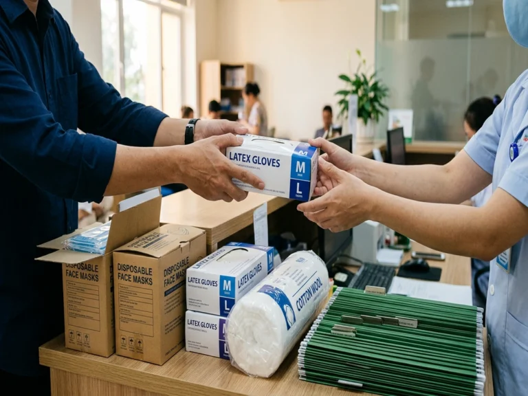Trao hộp găng tay y tế, thùng khẩu trang, cuộn bông và bìa treo xanh tại quầy tiếp nhận trên đường Võ Trần Chí, xã Tân Nhựt, Huyện Bình Chánh