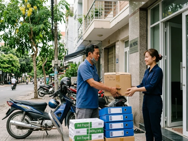 Nhân viên giao hàng trao thùng văn phòng phẩm cho nhân viên văn phòng trước cửa công ty trên đường Võ Văn Kiệt, phường Tam Long, bên cạnh xe máy và chồng ram giấy A4, bìa hồ sơ xanh