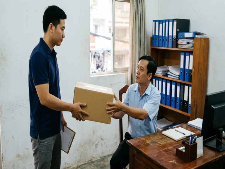 Nhân viên trao thùng giấy in cho cán bộ văn thư, kệ phía sau có bìa còng xanh, đường Duyên Hải, xã Cần Giờ