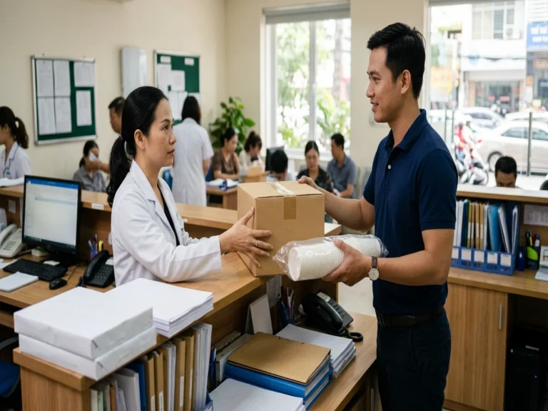 Nhân viên giao thùng giấy in và lốc ly giấy cho nhân viên y tế tại quầy phòng hành chính bệnh viện, đường Hồng Bàng, phường Chợ Lớn