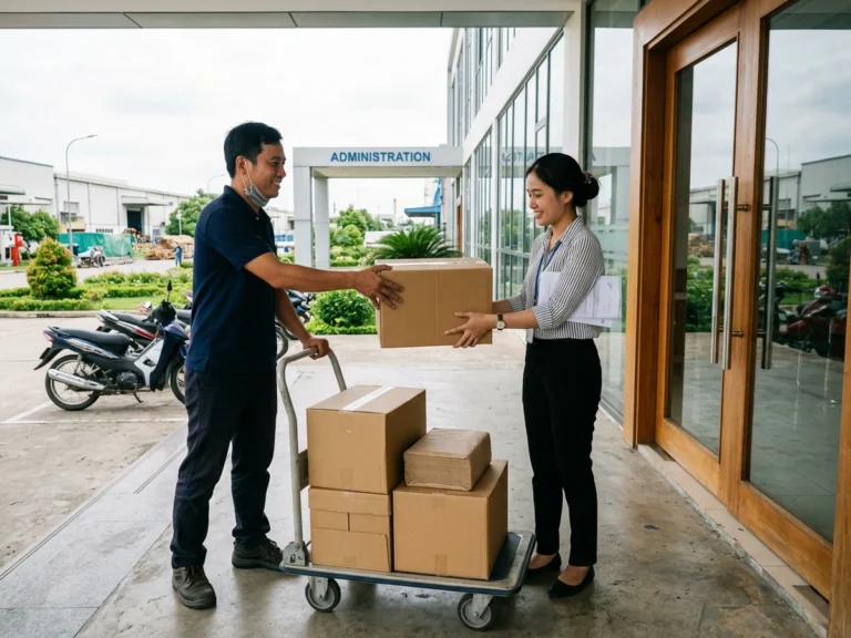 Nhân viên giao hàng trao thùng giấy in cho nhân viên hành chính trước tòa văn phòng nhà máy