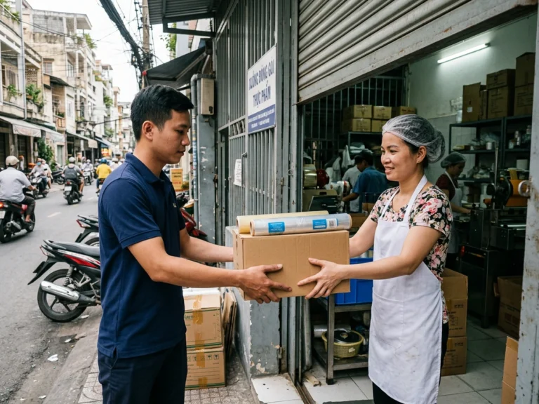 Nhân viên giao hàng trao thùng màng bọc thực phẩm cho nhân viên xưởng đóng gói ở KCN An Hạ, xã Tân Vĩnh Lộc