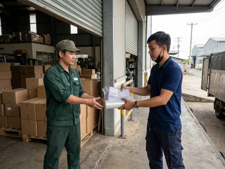 Nhân viên giao hàng trao xấp phiếu kho và cuộn màng PE cho thủ kho ở cửa kho xưởng
