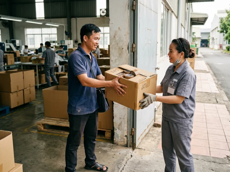 Tổ trưởng đóng gói đeo găng nhận thùng carton chứa các cuộn băng keo nâu ở cửa xưởng may tại KCN Bắc Đồng Phú