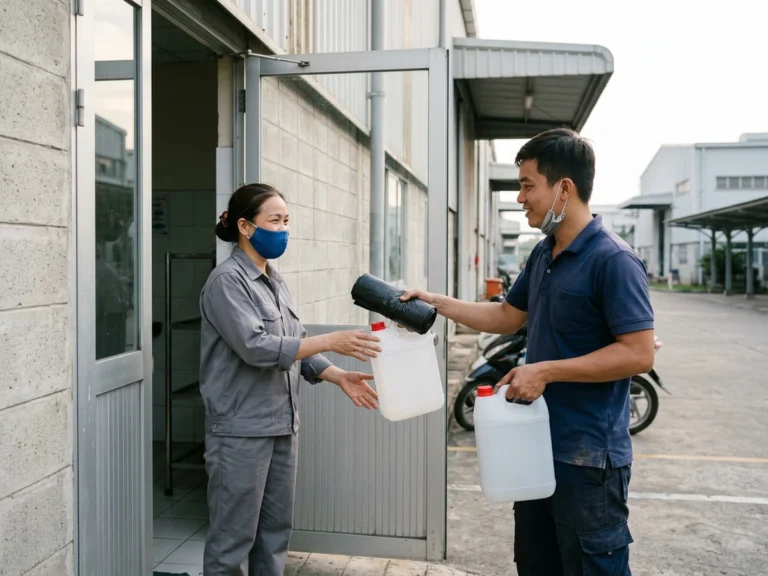 Nhân viên giao hàng trao can nước rửa tay và cuộn túi rác cho nhân viên vệ sinh ở cửa khu vệ sinh nhà xưởng