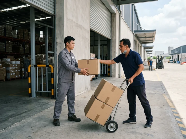 Người giao hàng kéo xe đẩy hai thùng carton, thủ kho nhận thùng ở cửa kho nhà máy tại KCN Becamex - Bình Phước