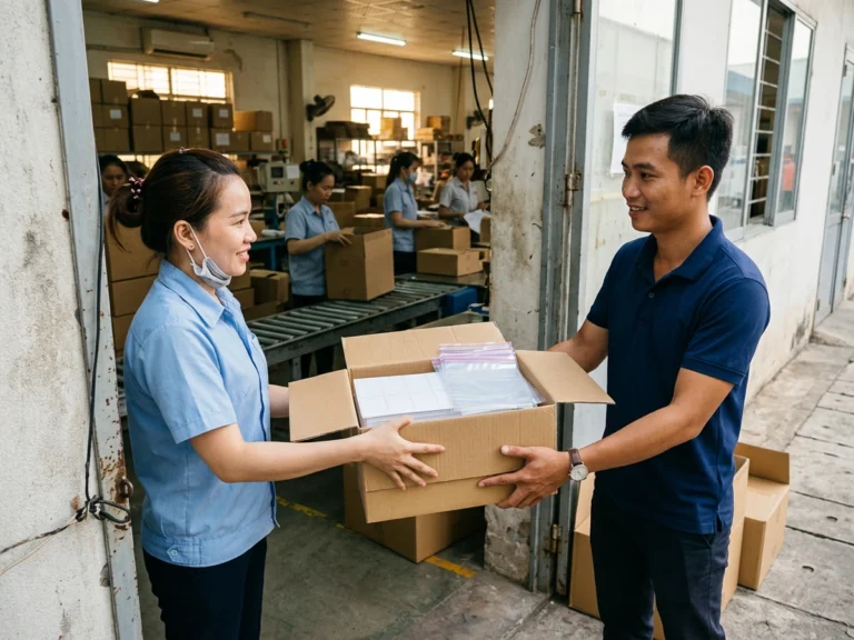 Nhân viên giao hàng trao thùng carton đựng xấp giấy decal và túi zip cho nữ công nhân trước cửa xưởng đóng gói ở KCN Biên Hòa 2, phường Long Hưng