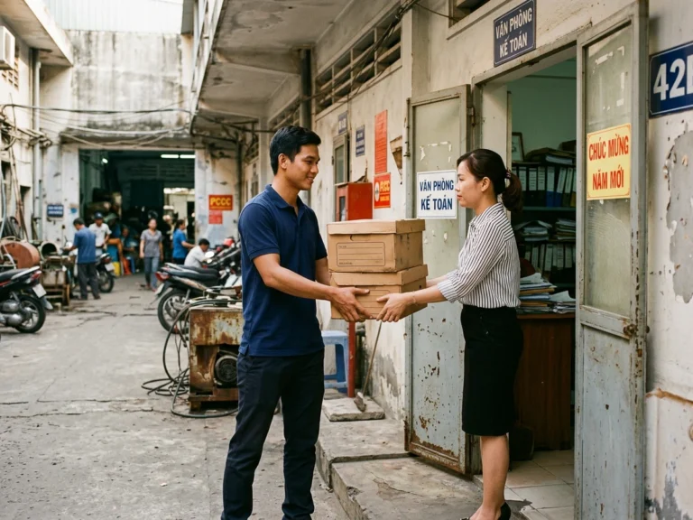 Nhân viên giao hàng trao chồng hộp lưu hồ sơ cho nhân viên kế toán xưởng ở KCN Bình Đường, phường Dĩ An