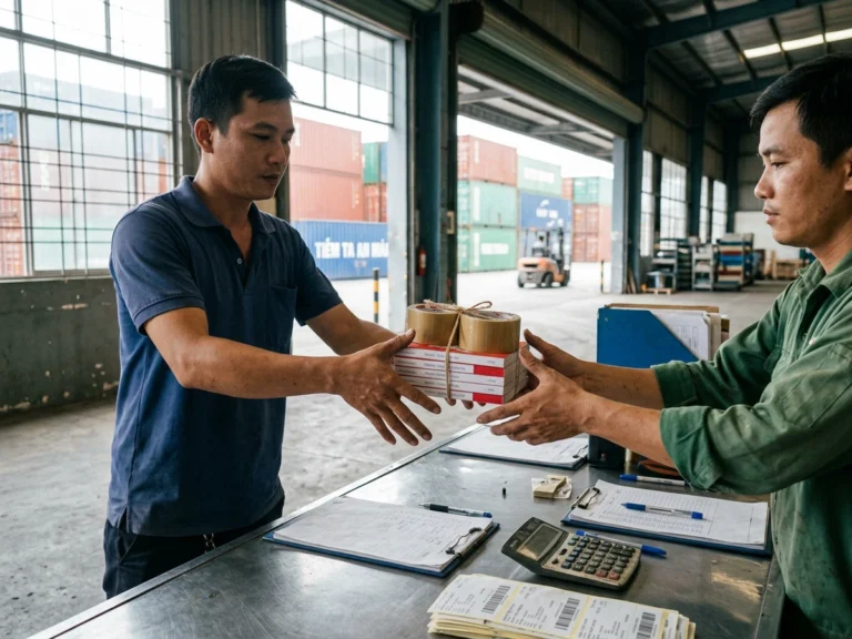 Nhân viên giao hàng trao xấp phiếu kho và cuộn băng keo cho thủ kho ở KCN Cái Mép, phường Tân Phước