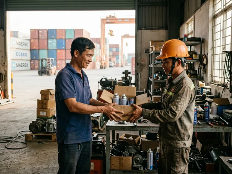Nhân viên giao hàng trao hộp chai xịt cho thợ bảo trì đội mũ cam ở kho bãi KCN Cát Lái, phường Cát Lái
