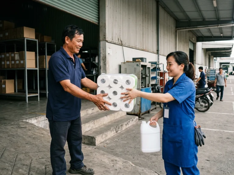 Nhân viên giao hàng trao lốc giấy vệ sinh cho thủ kho đang cầm can nước rửa tay ở cửa kho xưởng KCN Cầu Tràm, xã Rạch Kiến