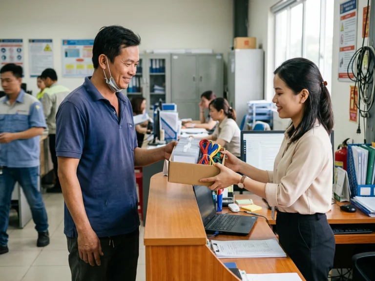 Nhân viên giao hàng trao hộp bảng tên nhựa và dây đeo nhiều màu cho nhân viên phòng nhân sự tại quầy văn phòng nhà máy ở KCN Sonadezi Châu Đức, xã Ngãi Giao