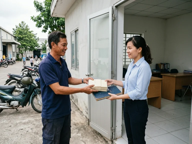Kế toán xưởng nhận xấp cuốn phiếu và quyển sổ bìa xanh đậm ở cửa văn phòng tại KCN Chơn Thành