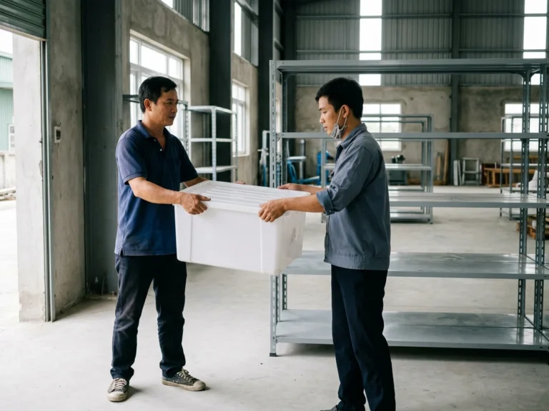 Nhân viên giao hàng trao thùng nhựa có nắp cho thủ kho xưởng ở KCN Đá Bạc, xã Nghĩa Thành