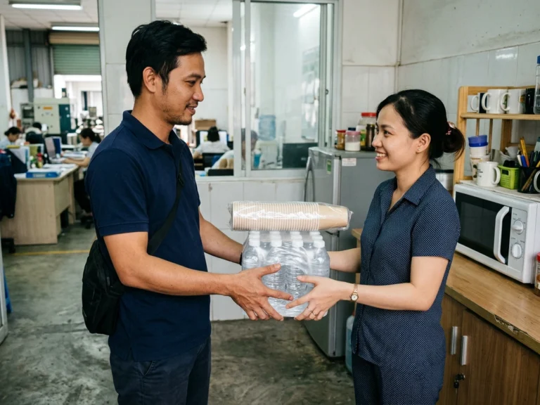 Nhân viên giao hàng trao thùng nước suối và lốc ly giấy cho nhân viên văn phòng nhà máy ở KCN Đất Đỏ 1, xã Đất Đỏ