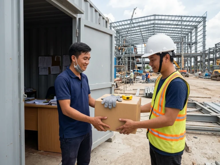 Nhân viên giao hàng trao thùng hàng có găng tay len và thước cuộn cho kỹ sư công trường trước container văn phòng