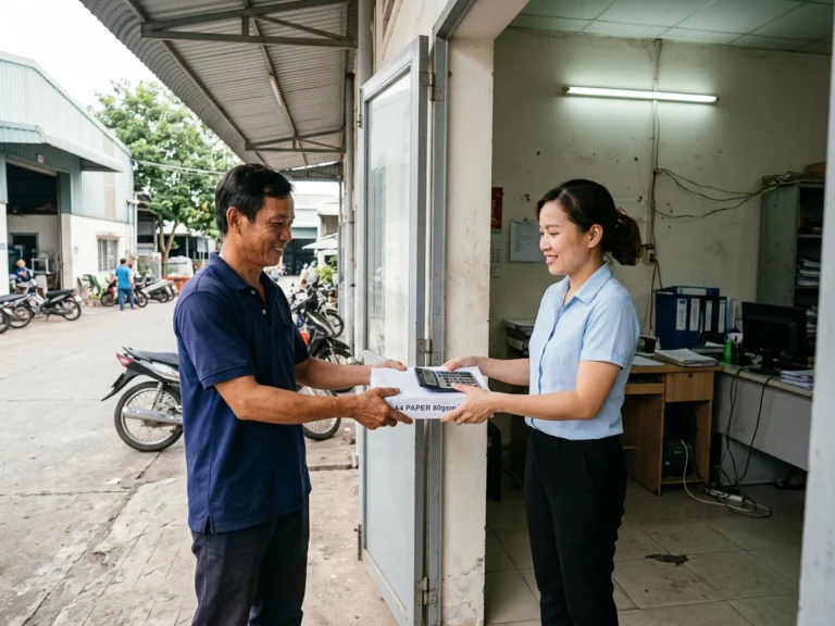 Nhân viên giao hàng trao ram giấy in và máy tính bỏ túi cho kế toán ở cửa văn phòng xưởng