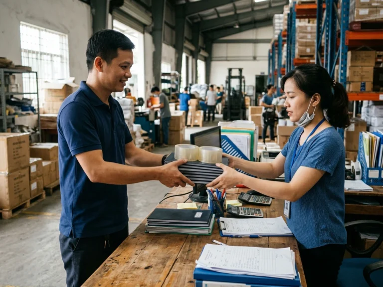 Nhân viên giao hàng trao xấp phiếu kho và cuộn băng keo cho thủ kho ở KCN Đông Nam, xã Bình Mỹ