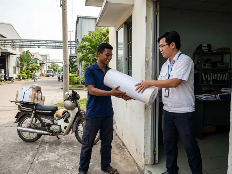 Nhân viên giao hàng trao cuộn giấy khổ lớn bọc nilon cho kỹ sư ở cửa phòng kỹ thuật xưởng tại KCN Đồng Xoài 1