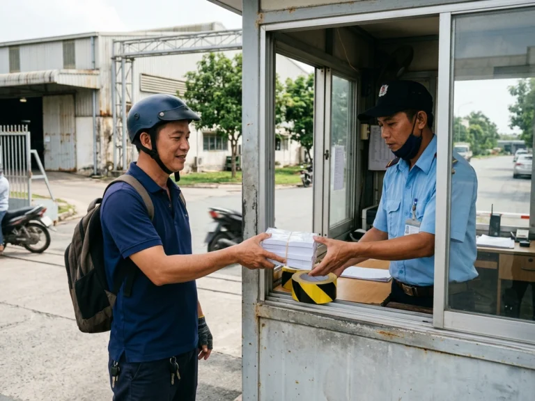 Nhân viên giao hàng đưa xấp phiếu và cuộn băng keo sọc vàng đen qua cửa chòi bảo vệ cho người bảo vệ xưởng ở KCN Đồng Xoài 2