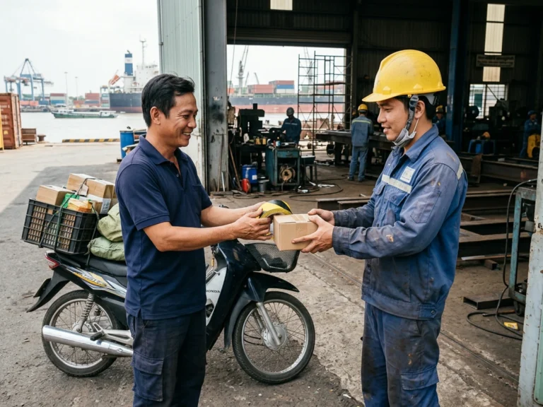 Nhân viên giao hàng trao cuộn băng keo sọc vàng đen và hộp hàng cho kỹ thuật viên đội mũ bảo hộ trước cửa xưởng thép ven sông ở KCN Đông Xuyên, phường Rạch Dừa